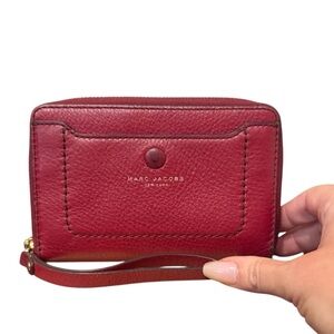 Marc Jacobs Cherry Red Leather Wristlet designer wallet coin purse gold trim